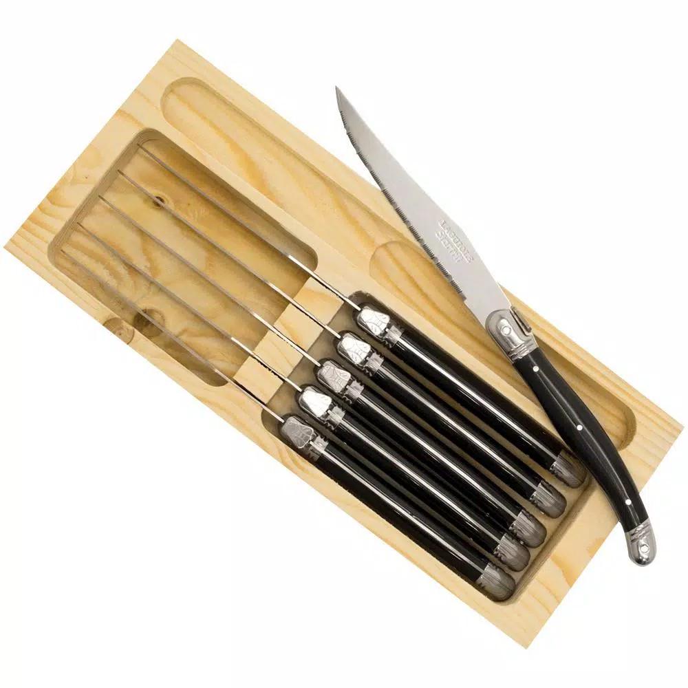 Starfrit European-Style Steak Knife Set, 6-Piece Stainless Steel with Pinewood Storage Box