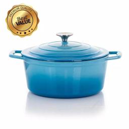 MegaChef 4 Qt. Round Enameled Cast Iron Casserole Dish with Lid, Blue thumbnail 1