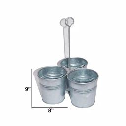 Benzara Galvanized Steel Gray Cutlery Holder with 3 Buckets and Ring Handle thumbnail 5
