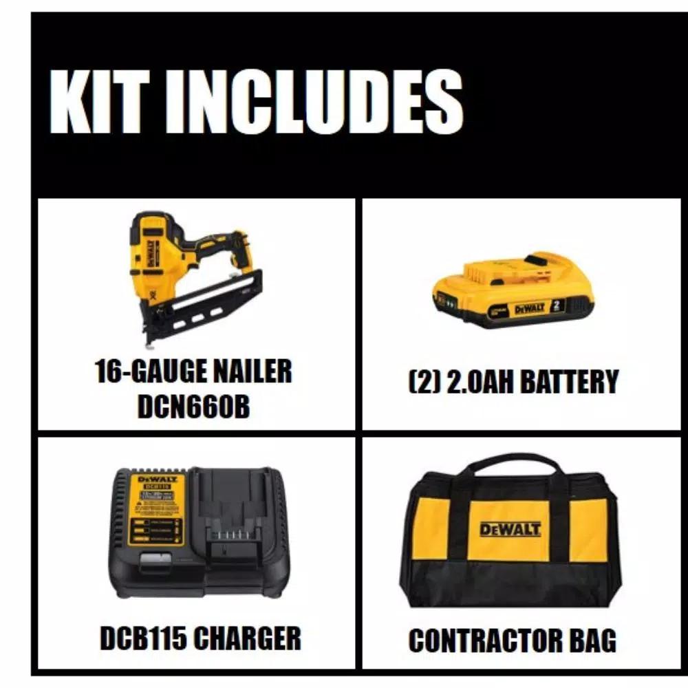 DEWALT 20V MAX 16-Gauge Cordless Angled Finish Nailer Kit with (2) 2.0 Ah Batteries and Charger
