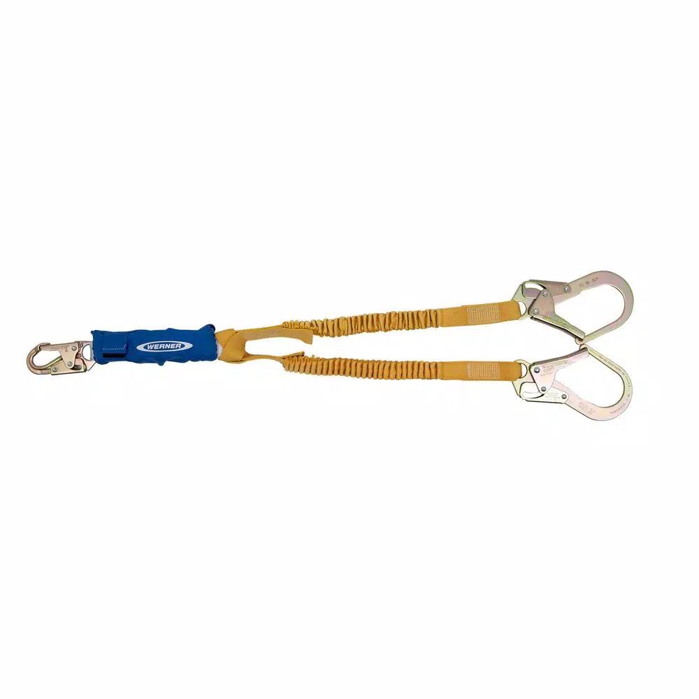 Werner DeCoil Stretch Twin Leg Lanyard with DCELL Shock Pack and Rebar Hooks, 6 ft.
