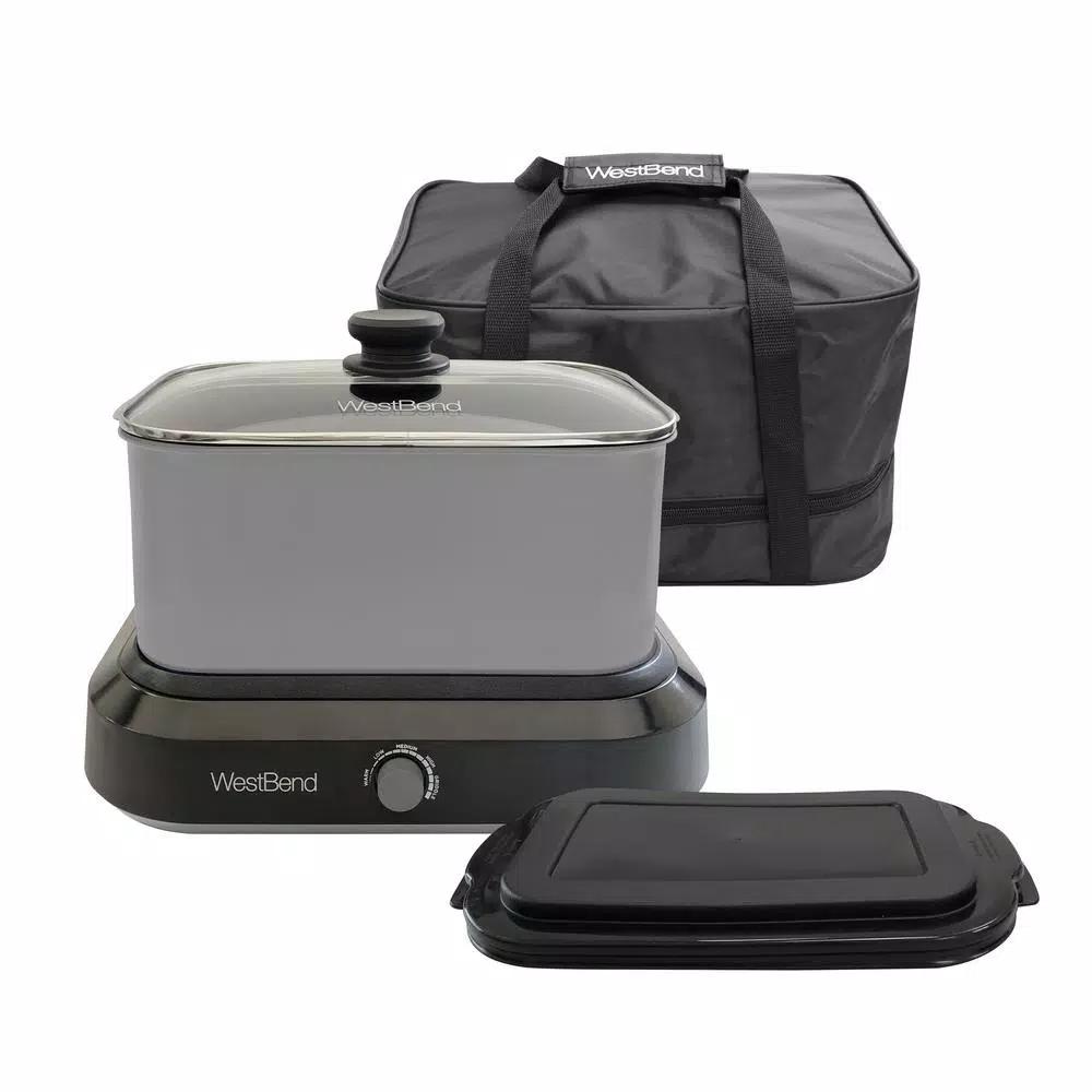 West Bend 6 Qt. Silver Non-Stick Versatility Slow Cooker with Griddle Base, Travel Lid, and Thermal Tote