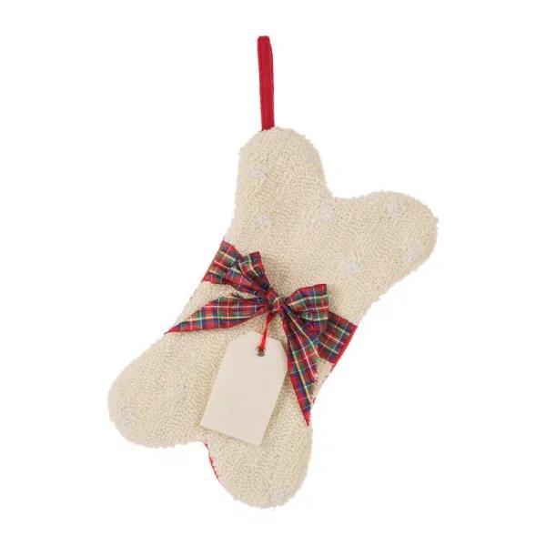 Glitzhome 12.5 in. White Dog Bone Shaped Christmas Stocking with Red Plaid Bow