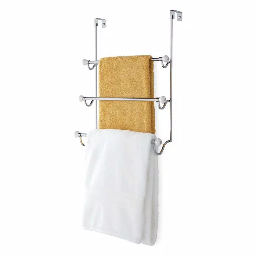 interDesign York Over Shower Door Towel Rack, 3-Bar Stainless Steel Organizer in White and Chrome