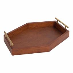 Kate and Laurel Lipton Walnut Brown Wood Hexagon Decorative Tray with Gold Handles thumbnail 5