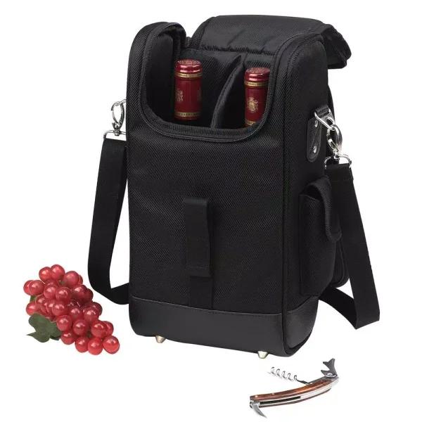 Unbranded NY Black Insulated 2-Bottle Wine Tote Bag with Corkscrew