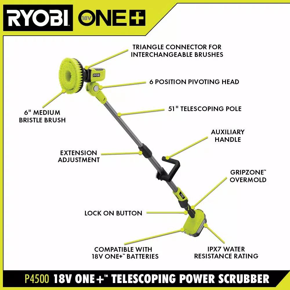 RYOBI 18V ONE+ Cordless Telescoping Power Scrubber, IPX7 Water Resistant