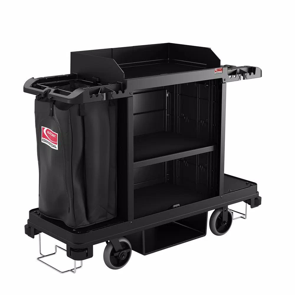 Suncast Commercial Standard Housekeeping Cart with Laundry Bag and Tool Storage, Black