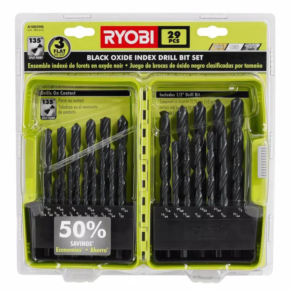 RYOBI 29-Piece Black Oxide Index Drill Bit Set with Bonus 25 ft. Tape Measure