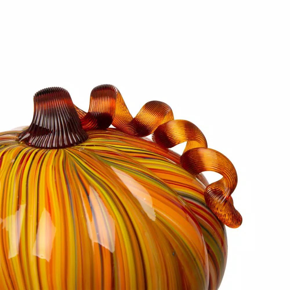 Glitzhome Multi-Striped Glass Short Pumpkin Set - 100% Handmade Glass Tabletop Decoration