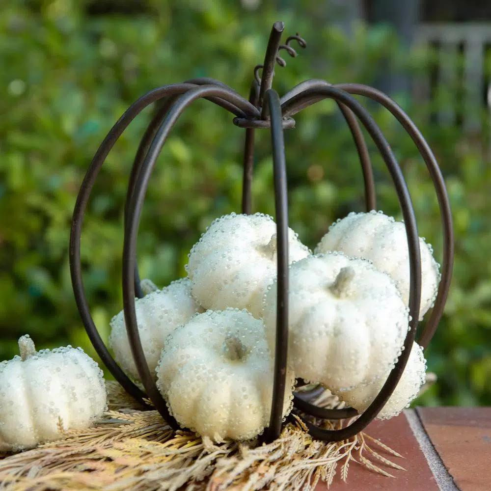 Flora Bunda 8-Piece Cream White Beaded Mini Pumpkin Set - Fall Harvest Indoor Tabletop Decor