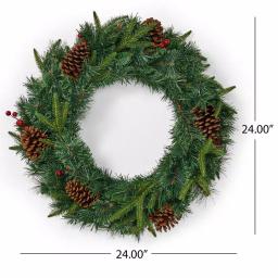 Noble House 24 in. Mixed Pine Artificial Christmas Wreath with Pine Cones, Berries, and Warm White LED Lights thumbnail 4