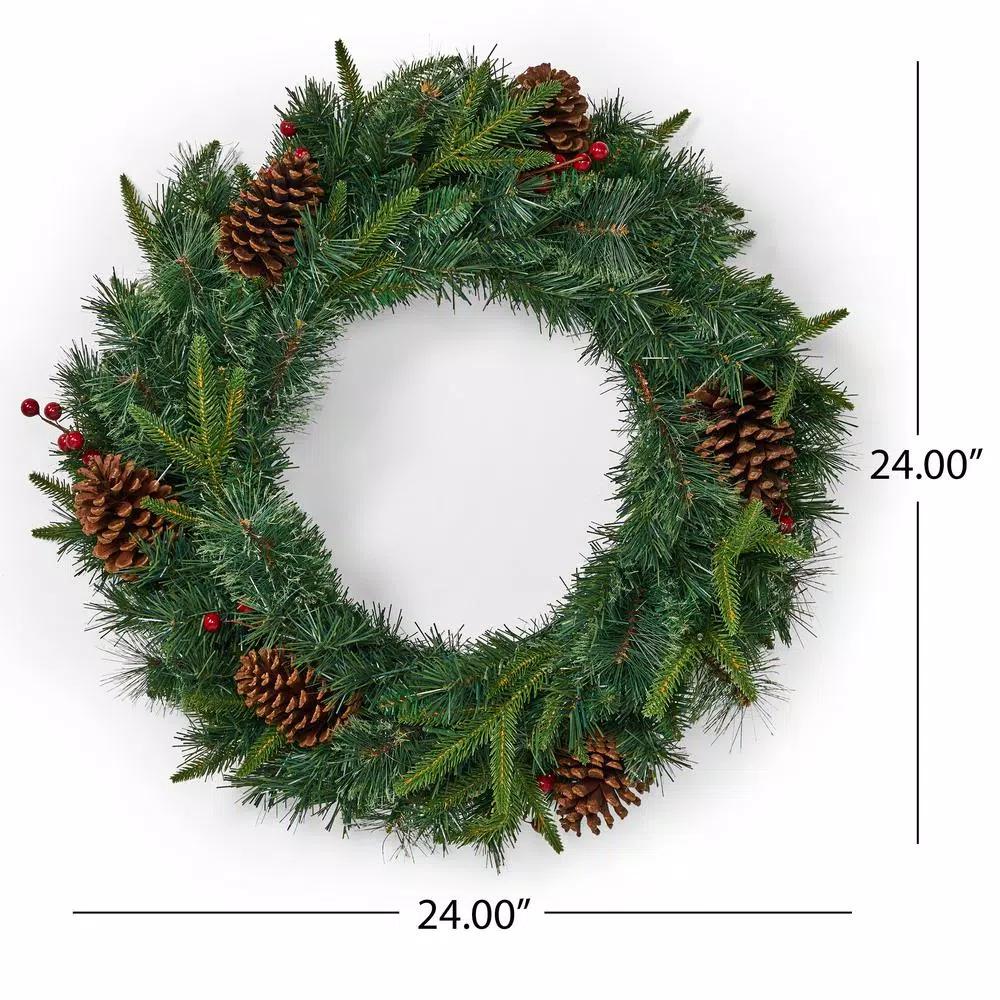 Noble House 24 in. Mixed Pine Artificial Christmas Wreath with Pine Cones, Berries, and Warm White LED Lights