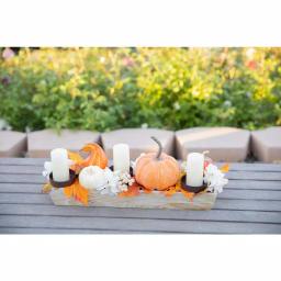 Flora Bunda 23 in. Fall Harvest Wood Ledge Pumpkin Arrangement Centerpiece Candle Holder with Berries and Leaves thumbnail 3