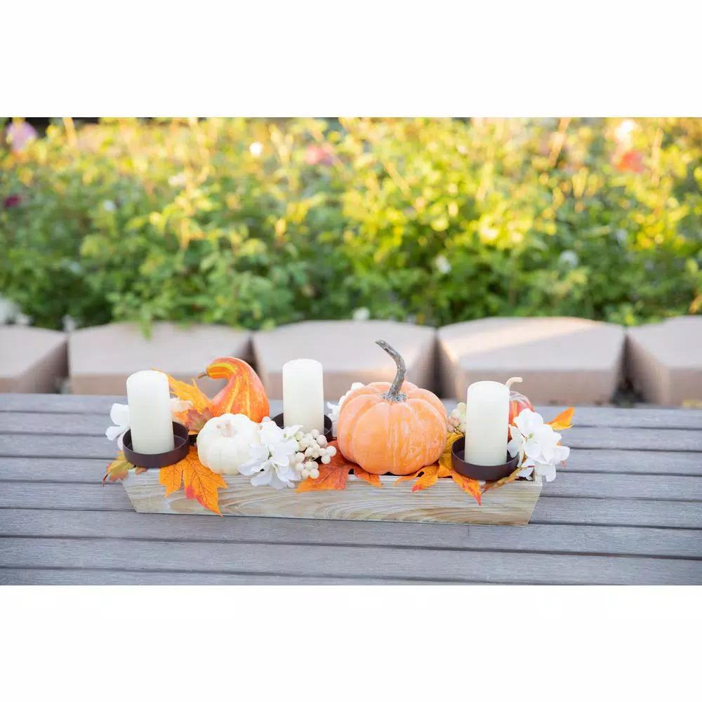 Flora Bunda 23 in. Fall Harvest Wood Ledge Pumpkin Arrangement Centerpiece Candle Holder with Berries and Leaves