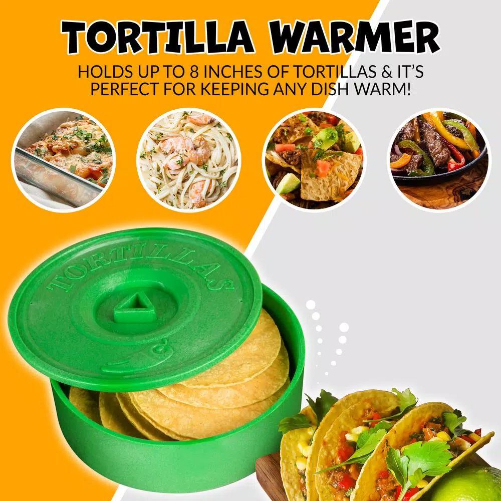 TACO TUESDAY 9-Piece Stainless Steel and Plastic Taco Kit with Tortilla Warmer, Salsa Bowls, Taco Holders, and Mortar and Pestle