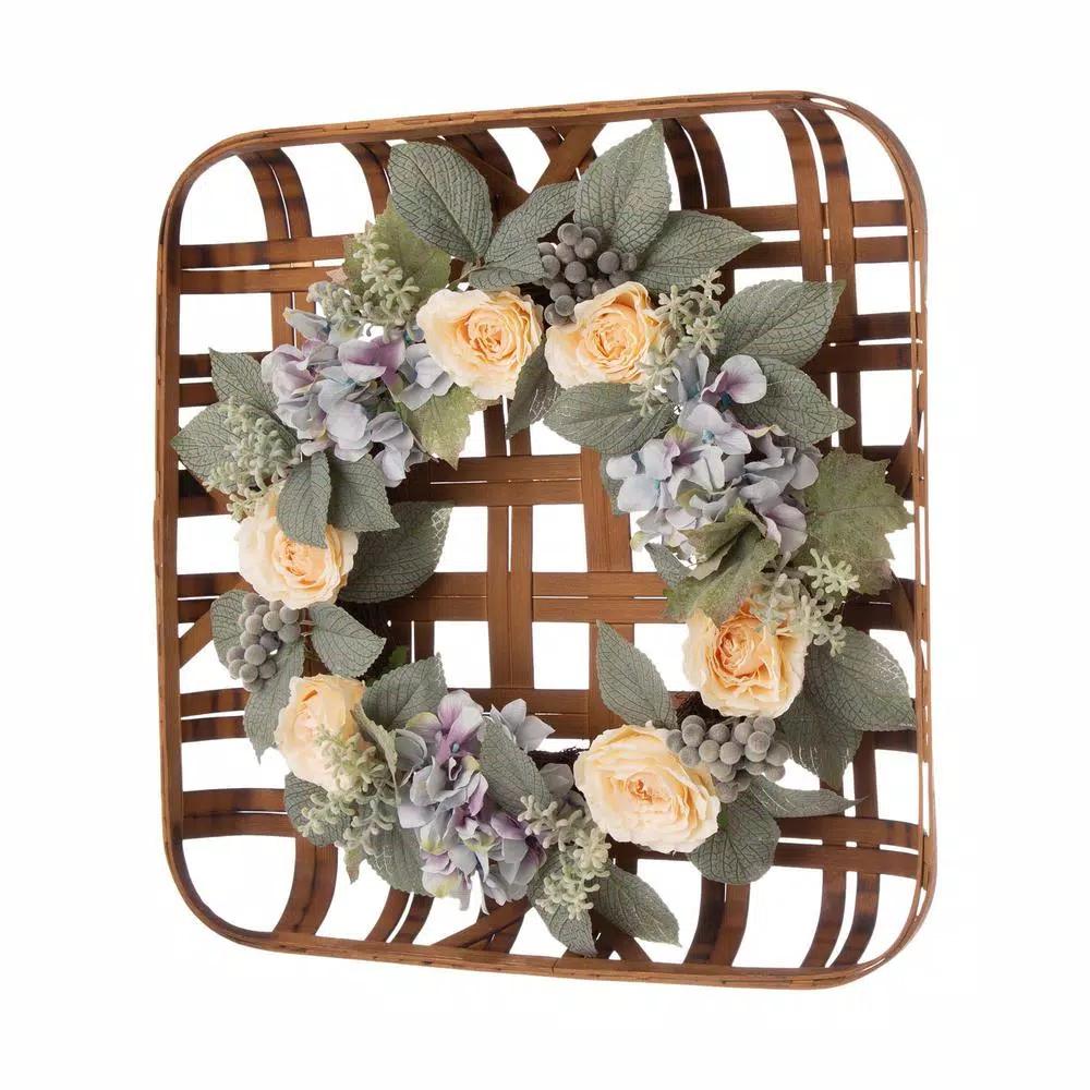 Glitzhome 22 in. Hydrangea Rose Wreath with 24 in. Bamboo Tobacco Basket Set