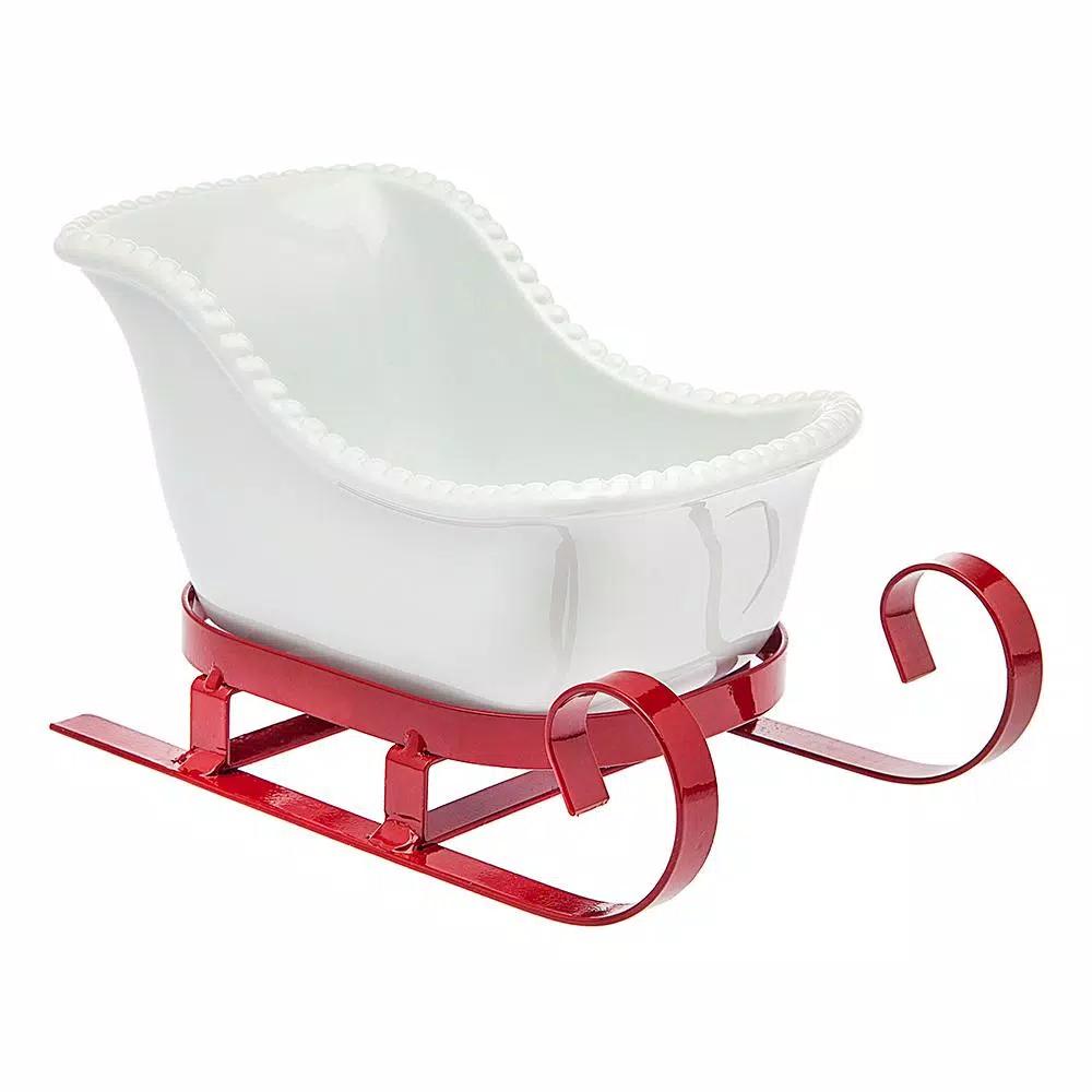 Godinger White Metal Santa Sleigh Candy Dish - Rustic Red Iron Holiday Garnish Tray