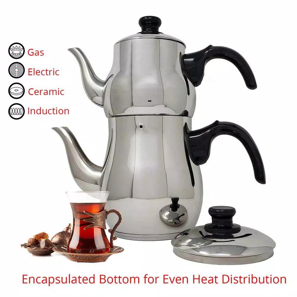 Lavohome Turkish Samovar Style Stainless Steel Double Handle Teapot and Kettle Set, 1.1L & 2.5L