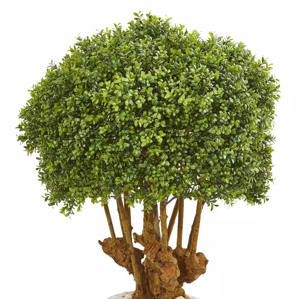 Nearly Natural 41 in. Artificial Boxwood Topiary Tree in Sandstone Planter with Natural Stones