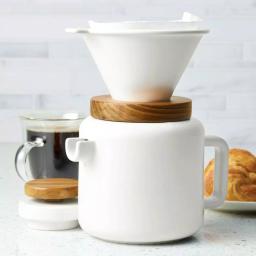 BonJour Ceramic 4-Cup Matte White Pour Over Coffee Set with Teak Wood Accent thumbnail 2