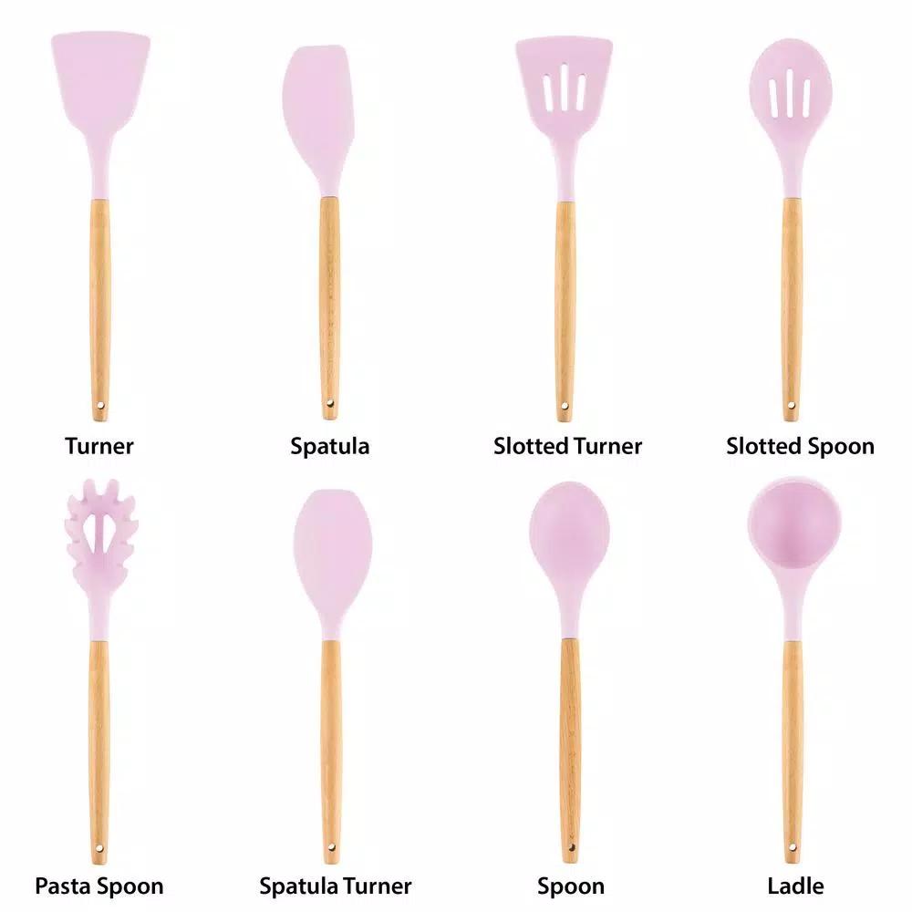 MegaChef 9-Piece Pink Silicone and Wood Kitchen Utensil Set with Ceramic Holder