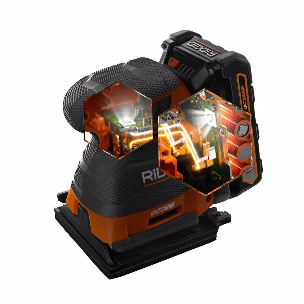 RIDGID 18V OCTANE Cordless Brushless 3-Speed 1/4 Sheet Sander Kit with 2.0 Ah Battery and Charger