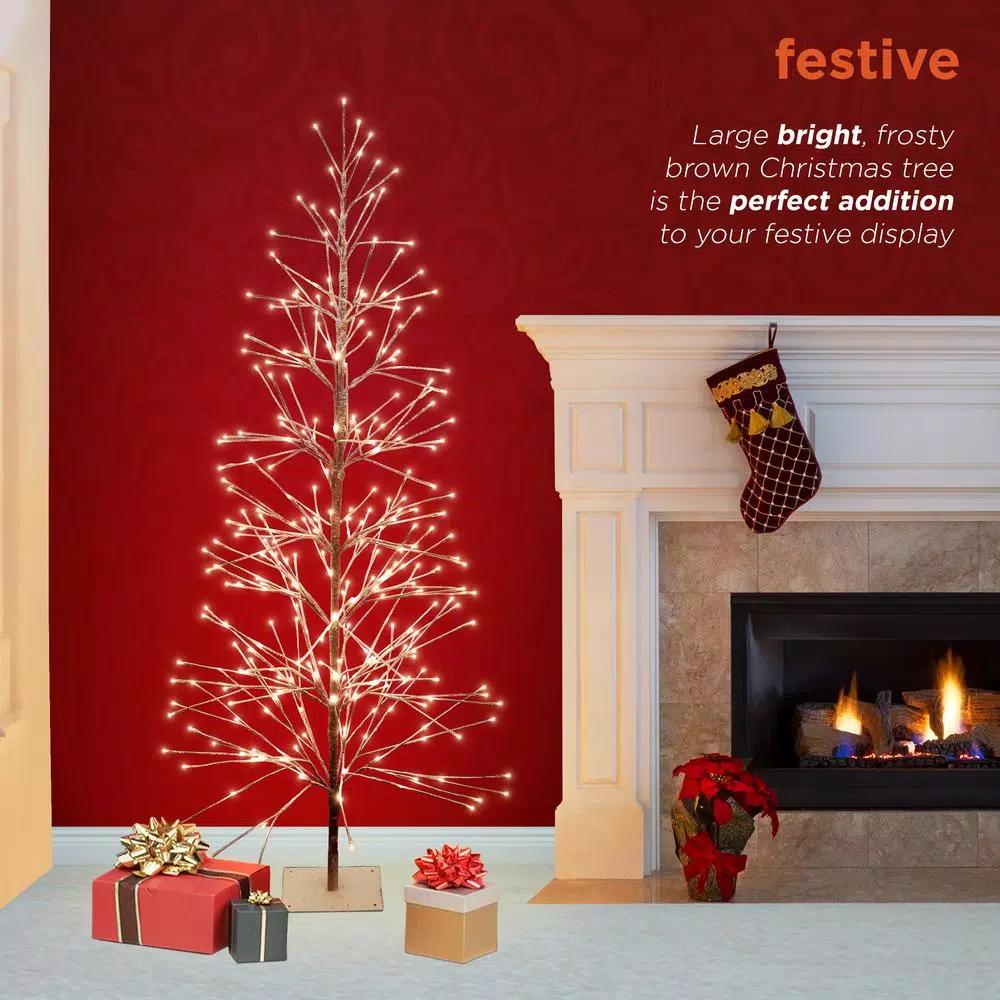 Alpine Corporation 6ft Frosty Flocked Brown Artificial Christmas Tree with Warm White LED Lights
