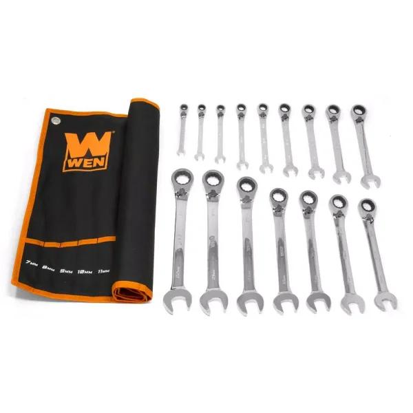 WEN 16-Piece Metric Reversible Ratcheting Combination Wrench Set with Storage Pouch