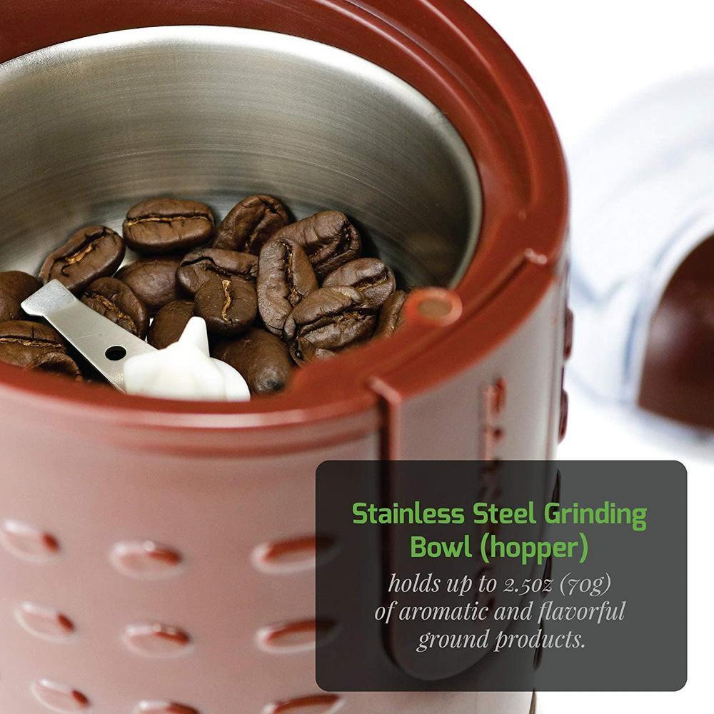 Ovente 2.5 oz. Electric Coffee Grinder with Stainless Steel Blades and Transparent Lid, Brown