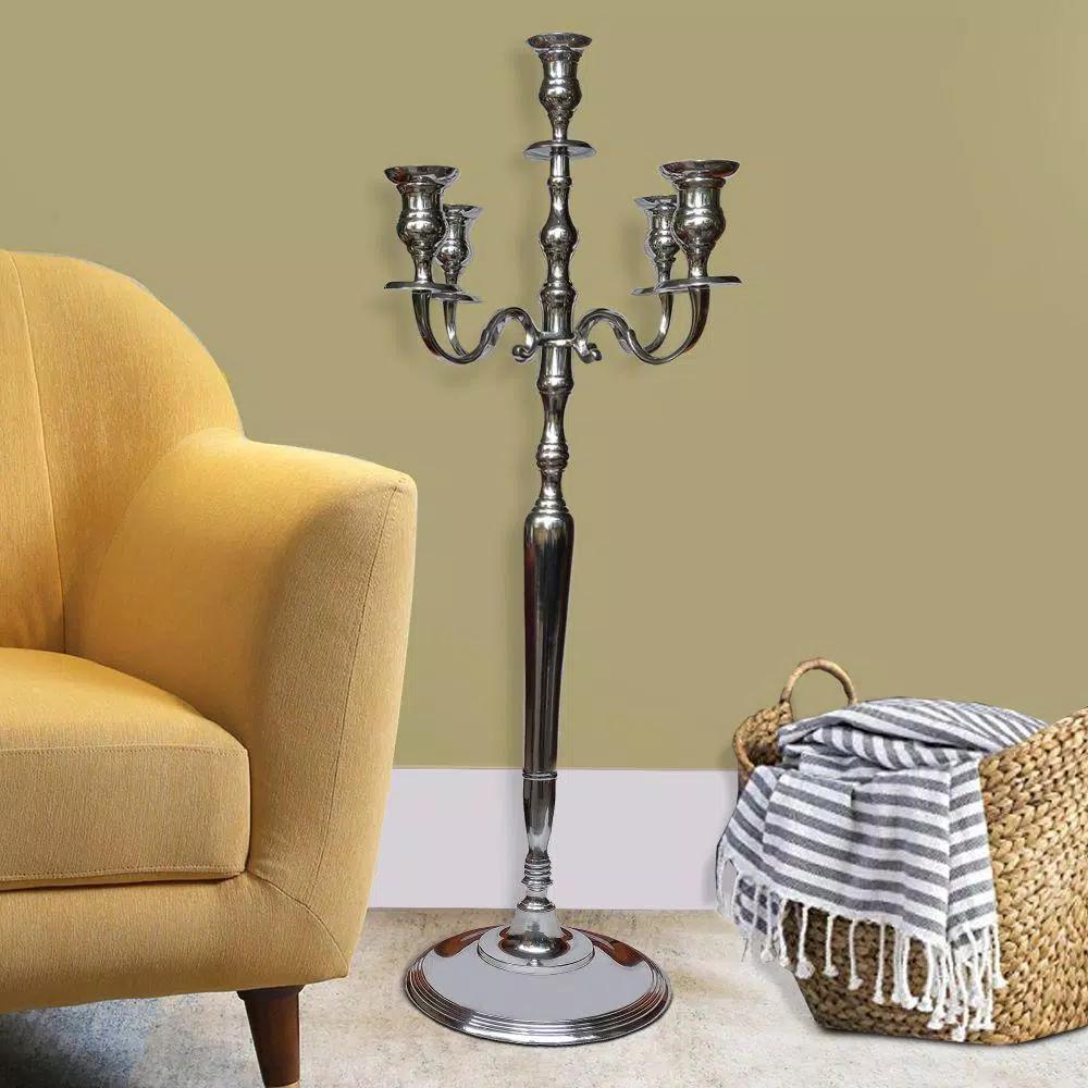 Benjara 48-Inch Silver Handcrafted Aluminum 5-Arm Candelabra with Fluted Tops