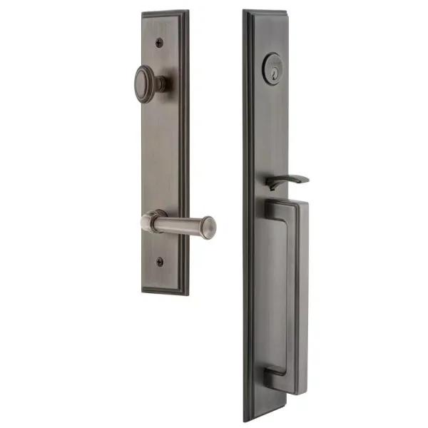 Grandeur Carre Antique Pewter 1-Piece Door Handleset with D Grip and Georgetown Lever