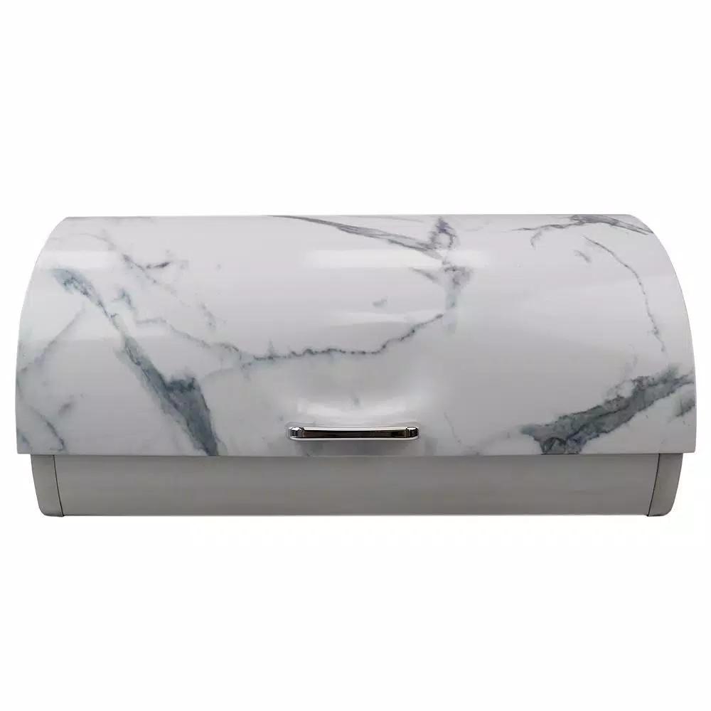 Unbranded White Marble Pattern Steel Bread Box with Roll Top Lid