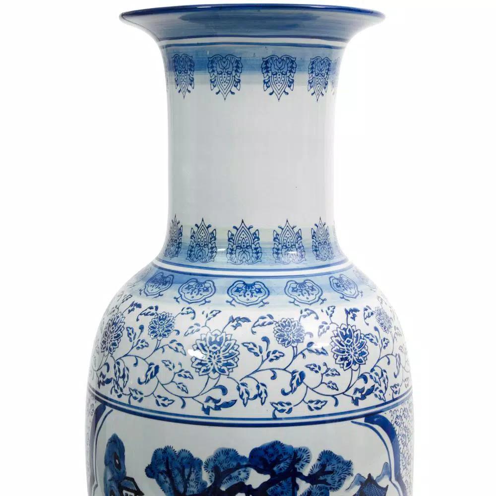 Unbranded Oriental Furniture 35 in. Blue and White Porcelain Tung Chi Floor Vase