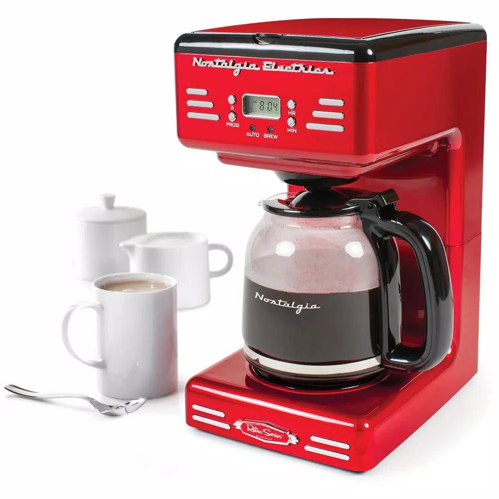 Nostalgia 12-Cup Red Programmable Drip Coffee Maker with Keep Warm Function and LED Display