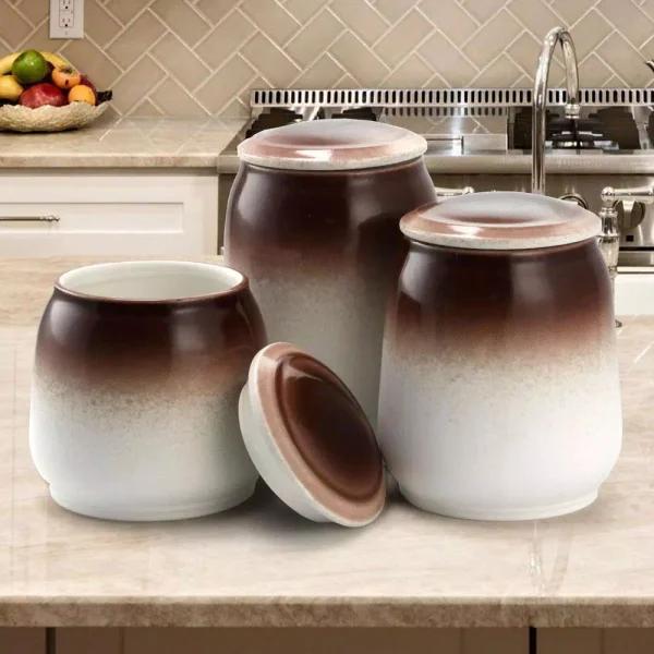 Elama Toasted Coconut 3-Piece Ceramic Kitchen Canister Set with Airtight Lids