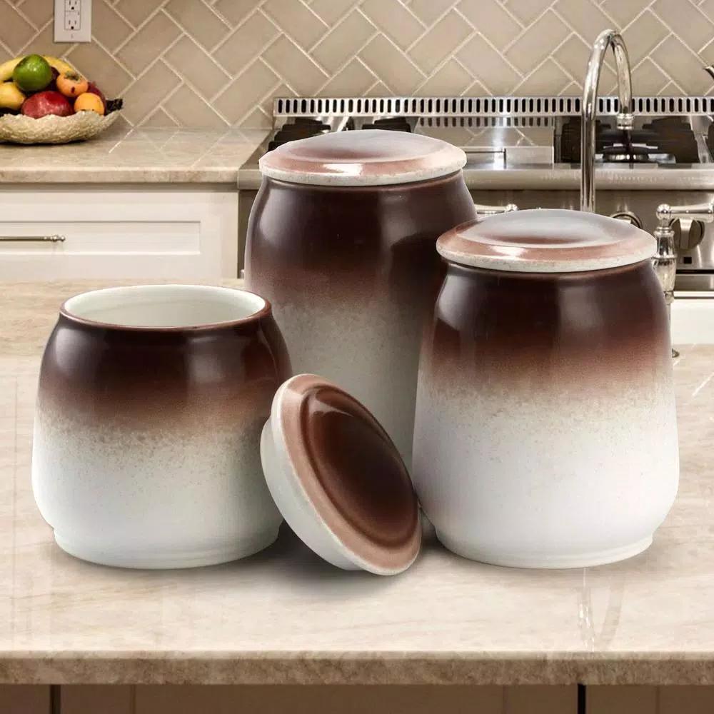 Elama Toasted Coconut 3-Piece Ceramic Kitchen Canister Set with Airtight Lids