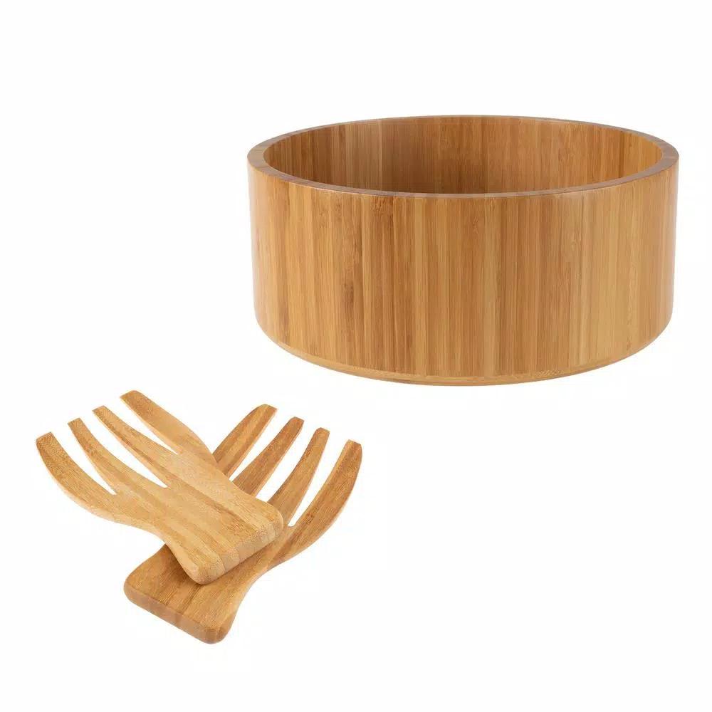 Classic Cuisine 10.25 in. Round Bamboo Salad Bowl Set with Two Utensils