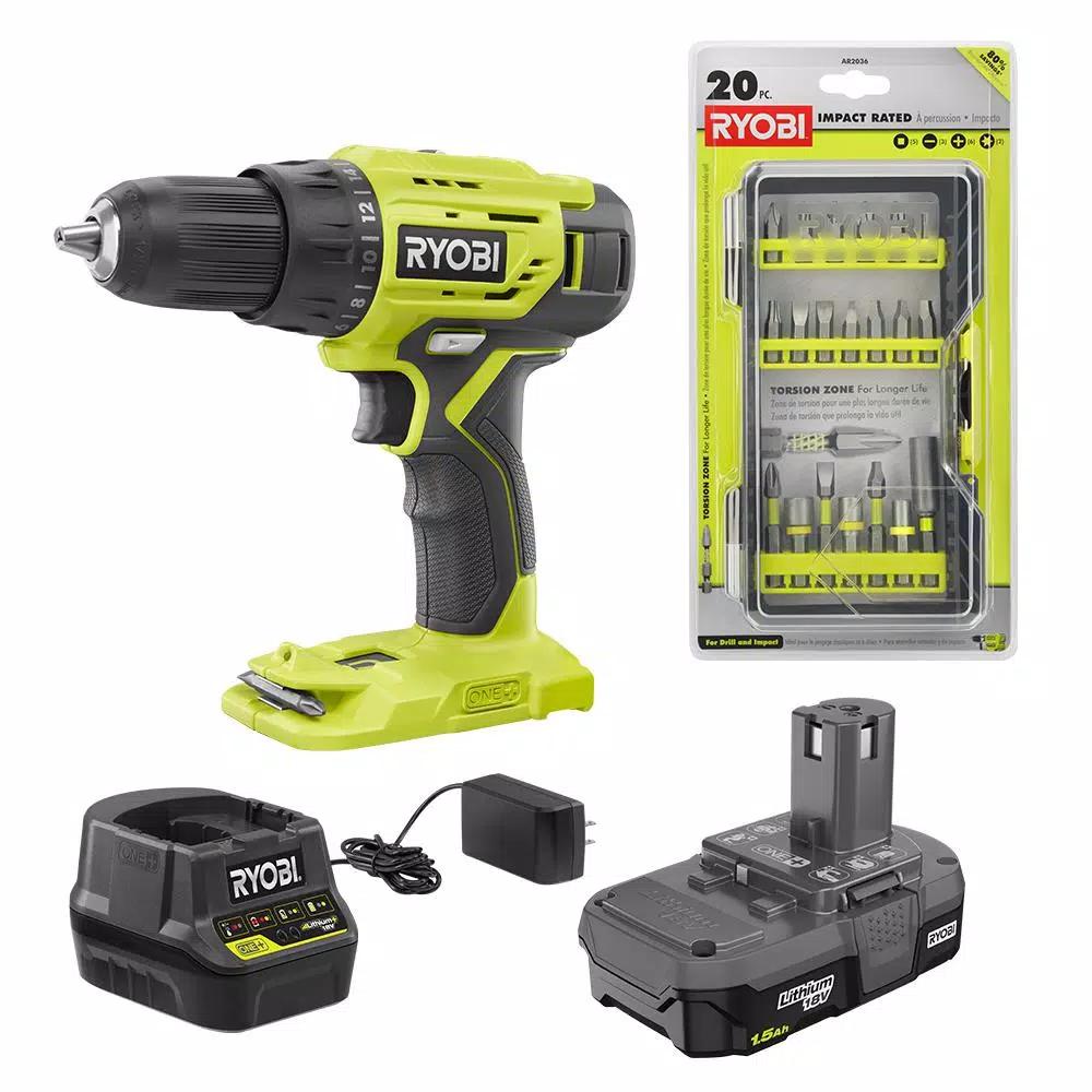 RYOBI ONE+ 18V Cordless 1/2 in. Drill/Driver Kit with 1.5 Ah Battery, Charger, and 20-Piece Impact Rated Driving Kit