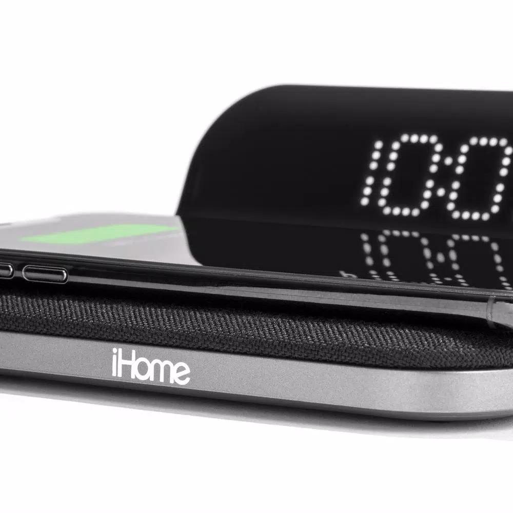 iHome Sleek Digital Alarm Clock with Qi Wireless Charging and USB Port, Designer Fabric Finish
