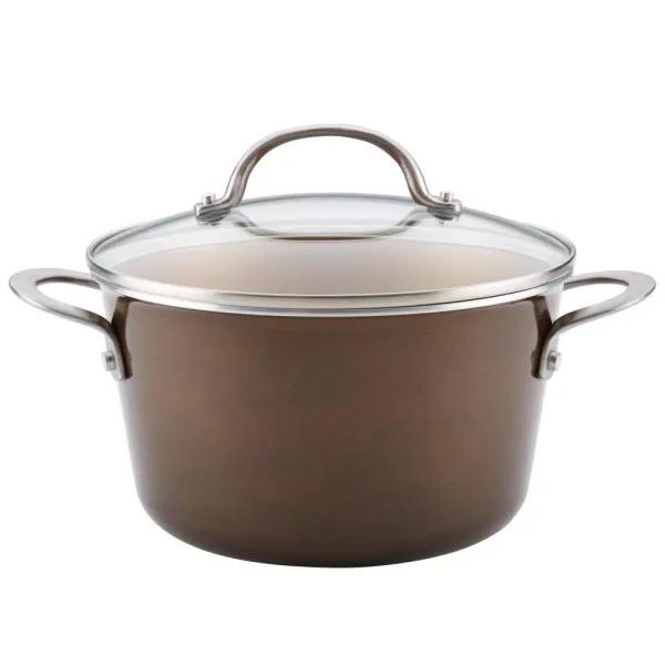 Ayesha Curry Ayesha Home Collection 4.5 Qt. Porcelain Enamel Nonstick Saucepot with Lid, Brown Sugar