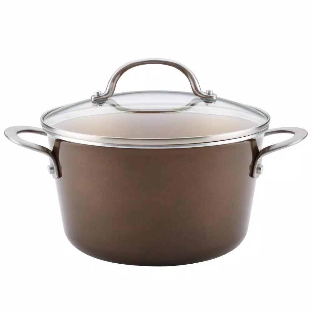 Ayesha Curry Ayesha Home Collection 4.5 Qt. Porcelain Enamel Nonstick Saucepot with Lid, Brown Sugar