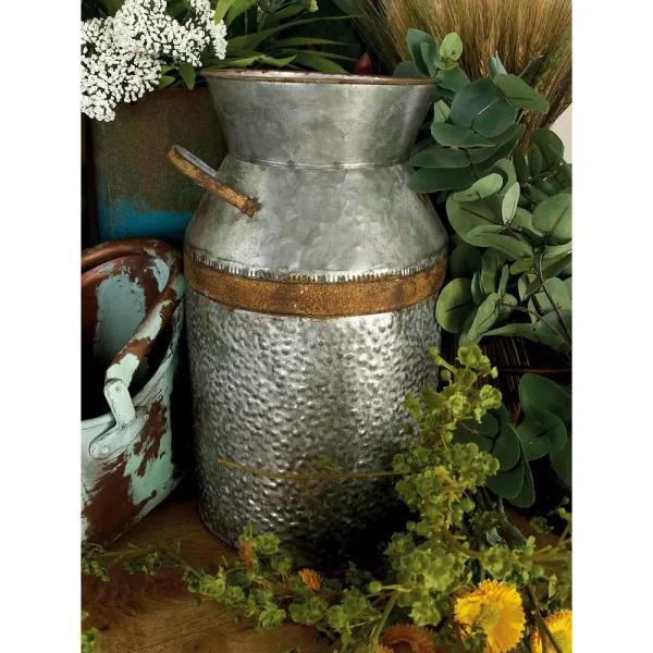 LITTON LANE 14 in. Gray Galvanized Tin Decorative Milk Can with Rust Band Handles