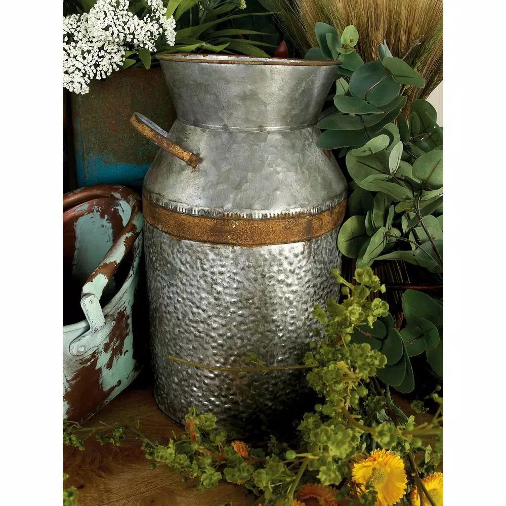 LITTON LANE 14 in. Gray Galvanized Tin Decorative Milk Can with Rust Band Handles
