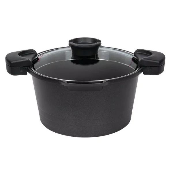 MasterPan 5 Qt. Cast Aluminum Non-Stick Stock and Pasta Pot with Glass Lid and Easy Pour Spout, Black