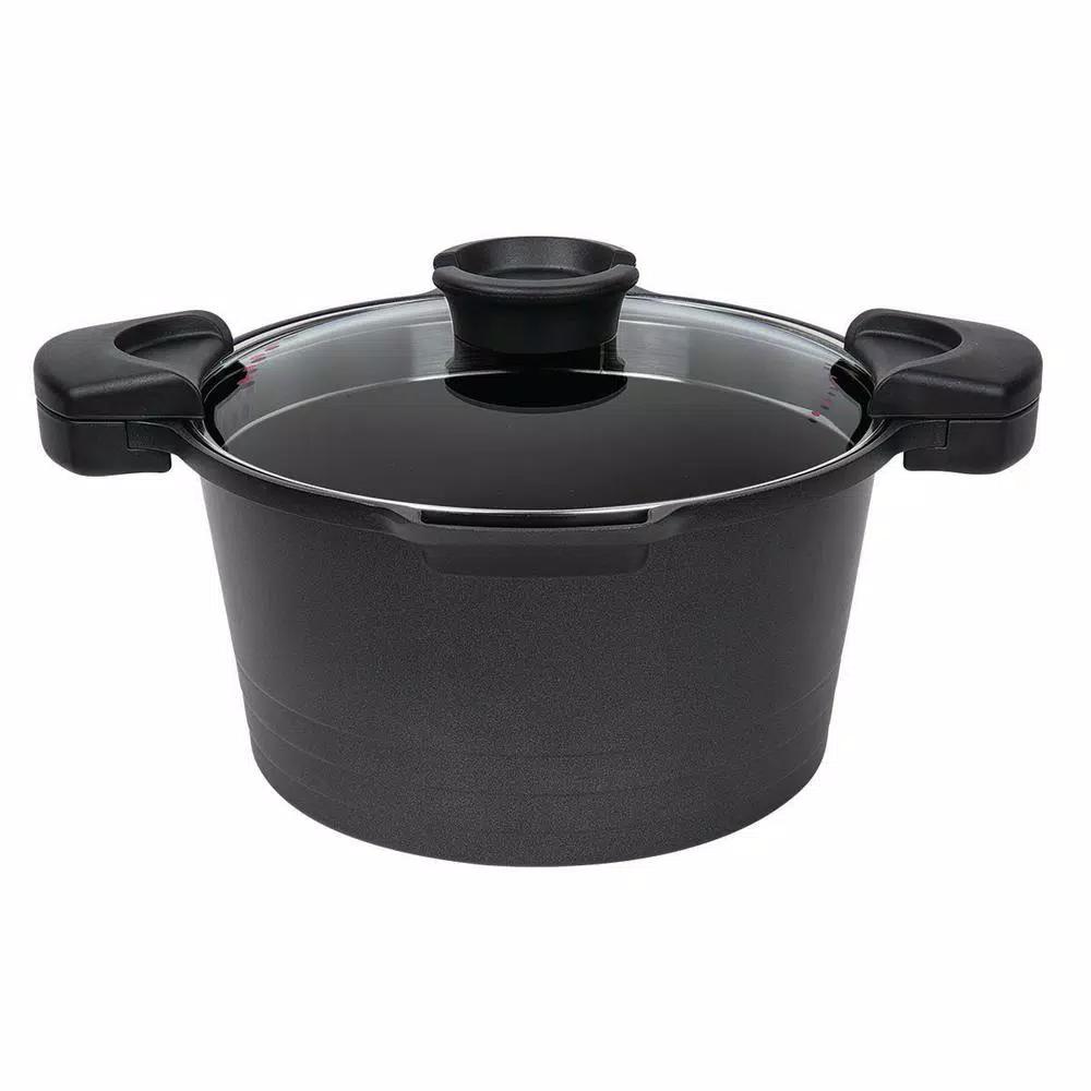 MasterPan 5 Qt. Cast Aluminum Non-Stick Stock and Pasta Pot with Glass Lid and Easy Pour Spout, Black
