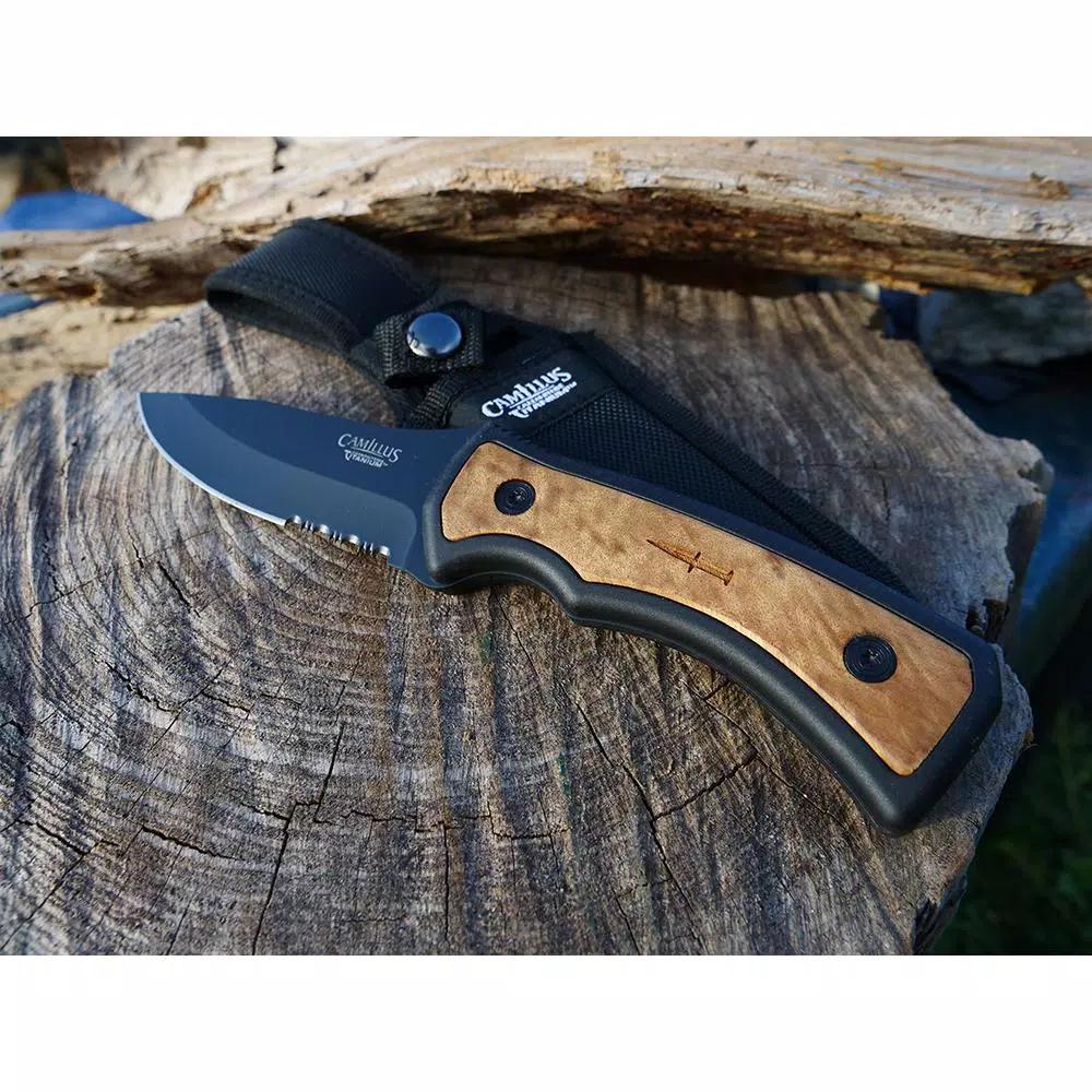 Camillus Mountaineer 4 in. Carbonitride Titanium Drop Point Fixed Blade Knife with Burlwood Accent Handle