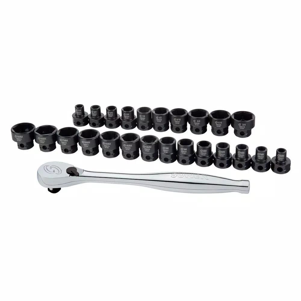 SUNEX TOOLS 3/8 in. Drive Low Profile SAE and Metric Impact Socket Set with 80-Tooth Chrome Ratchet