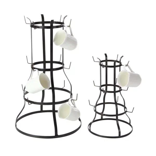 LITTON LANE Set of 2 Industrial Iron Mug Racks - Bell-Shaped Metal Stand with Hooks