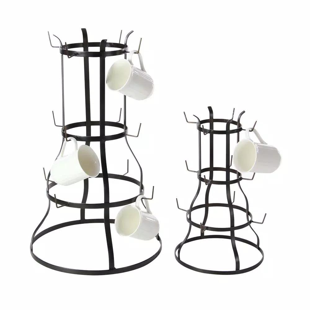 LITTON LANE Set of 2 Industrial Iron Mug Racks - Bell-Shaped Metal Stand with Hooks